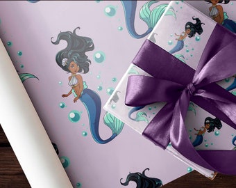 Cute Black Mermaid African American Wrapping Paper Roll Gift Wrap Sheet Christmas Present Birthday Party Decorations