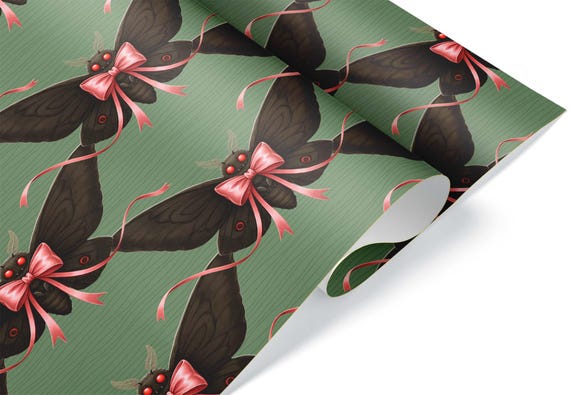 Black Mothman Christmas Gift Wrap, Gothic Cryptid Xmas Wrapping Paper, Dark Insect Winter Solstice Holiday Decor, Spooky Paranormal