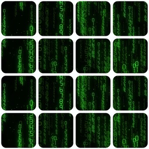Peut inclure: Une &oelig;uvre d'art num&eacute;rique pr&eacute;sentant une grille de seize carr&eacute;s, chacun affichant un flux vert de chiffres et de symboles sur un fond noir. L'ensemble &eacute;voque un code informatique ou des flux de donn&eacute;es.
