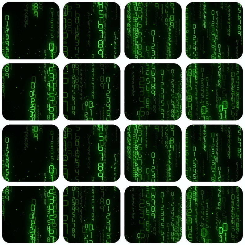 Peut inclure: Une &oelig;uvre d'art num&eacute;rique pr&eacute;sentant une grille de seize carr&eacute;s, chacun affichant un flux vert de chiffres et de symboles sur un fond noir. L'ensemble &eacute;voque un code informatique ou des flux de donn&eacute;es.