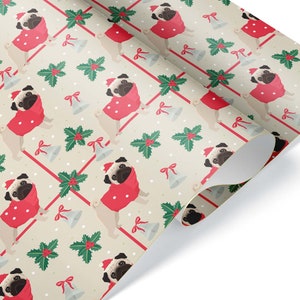 Festive Holly Pug Gift Wrap Thick Wrapping Paper Pet Animal Christmas Holiday Party Puppy Dog Decoration