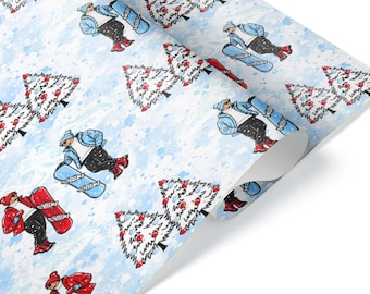 Christmas Snowboarders Wrapping Paper: Retro Winter Sports Gift Wrap, Satin, 20 x 29 inch Sheet or Roll up to 60 ft, Printed in the USA