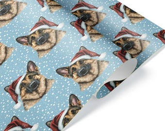 German Shepherd Santa Hat Dog Wrapping Paper, Christmas Gift Wrap for Pet Parents, Cute Winter Holiday Puppy Design