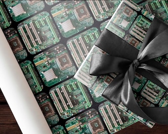 Computer Geek Gift Wrap Sheet Wrapping Paper Roll for Christmas Present Birthday Party Decorations PC Chip Motherboard