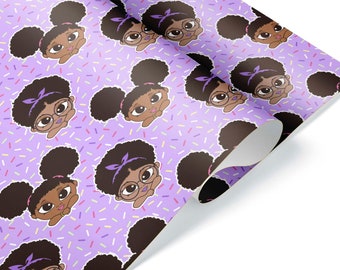 Mignonne petite fille noire rouleau de papier cadeau feuille d'emballage cadeau afro-américaine verte feuilletée afro cheveux naturels cadeau décorations de fête d'anniversaire