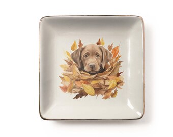 Autumn Chocolate Lab Brown Labrador Retriever Puppy Jewelry Dish: Watercolor Ceramic Tray, Fall Dog Lover Gift (3.9 x 3.9 inch)
