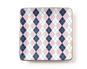 Preppy Argyle Jewelry Dish: Pink Navy Mint Ceramic Tray (3.9 x 3.9 inch)