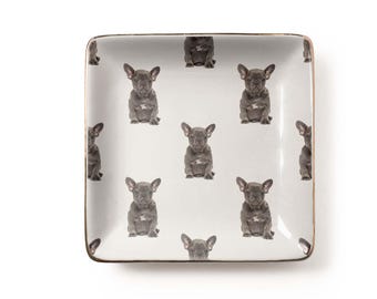 French Bulldog Puppy Pattern Jewelry Dish: Cute Frenchie Lovers Grayscale Minimalist Photographic Ceramic Dog Mom Gift (3.9 x 3.9 inch)