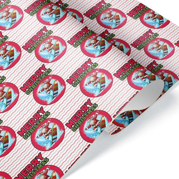Funny Santa Catching Waves Gift Wrap, Tropical Surf Theme Thick Wrapping Paper, Merry Christmas Beach Lovers Party Decor