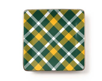 Green and Gold Plaid Jewelry Dish: Preppy Collegiate Ceramic Trinket Tray, Classic Desk Decor, College Gift (3.9 x 3.9 inch)