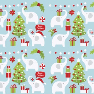 May include: A repeating pattern featuring white elephants, Christmas trees, and wrapped gifts on a light blue background. The elephants are decorated with Santa hats and mistletoe. The phrase "Merry Christmas" is in a red speech bubble.