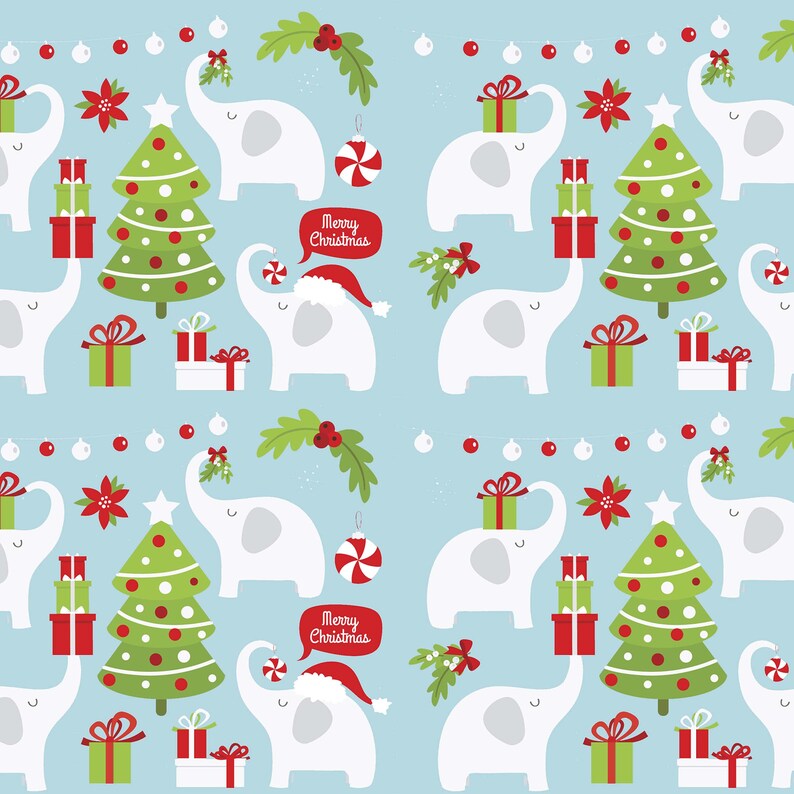 May include: A repeating pattern featuring white elephants, Christmas trees, and wrapped gifts on a light blue background. The elephants are decorated with Santa hats and mistletoe. The phrase "Merry Christmas" is in a red speech bubble.