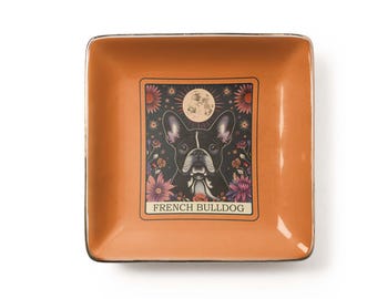 French Bulldog Tarot Card Jewelry Dish: Halloween Frenchie Ceramic Tray, Dog Lover Gift (3.9 x 3.9 inch)