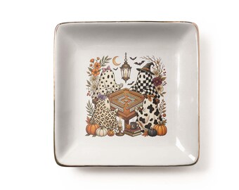 Halloween Mahjong Ghosts Jewelry Dish: Spooky Vintage Autumn Ceramic Trinket Tray, Game Night Gift for Her (3.9 x 3.9 inch)