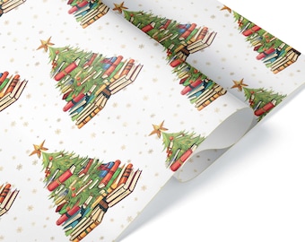 Cute Book Christmas Tree Wrapping Paper, Reading Enthusiast Gift Wrap, Librarian Teacher Reader Present, School Library Decoration