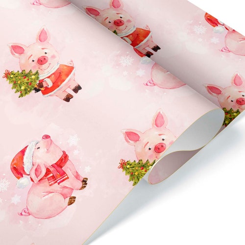 Cute Watercolor Pig Gift Wrap, Farm Animal Christmas Wrapping Paper, Piggy Present Holiday Party Decorations