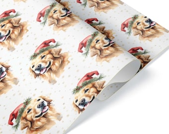 Cute Watercolor Christmas Golden Retriever Dog Wrapping Paper, Holiday Winter Gift Wrap for Pet Lovers, Festive Puppy Present