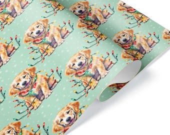 Cute Golden Retriever Puppy Dog Christmas Lights Wrapping Paper, Holiday Gift Wrap for Pet Lovers, Mint Green Snowflake Design