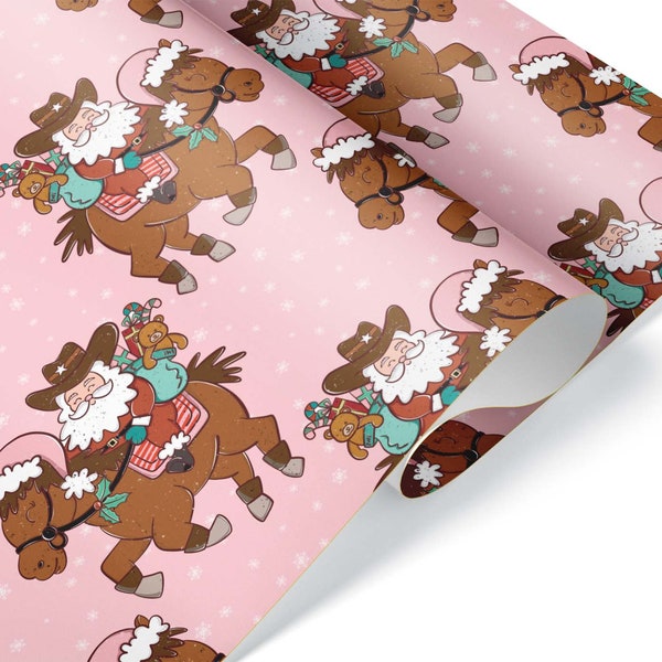 Adorable Pink Christmas Wrapping Paper for Girls, Holiday Gift Wrap, Western Cowboy Santa Xmas Decor for Horse Lovers