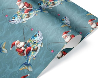 May include: Whimsical wrapping paper featuring Santa Claus riding fish decorated with Christmas lights. The fish are set against a blue background with a water-like pattern. Santa is wearing his traditional red suit and hat.
