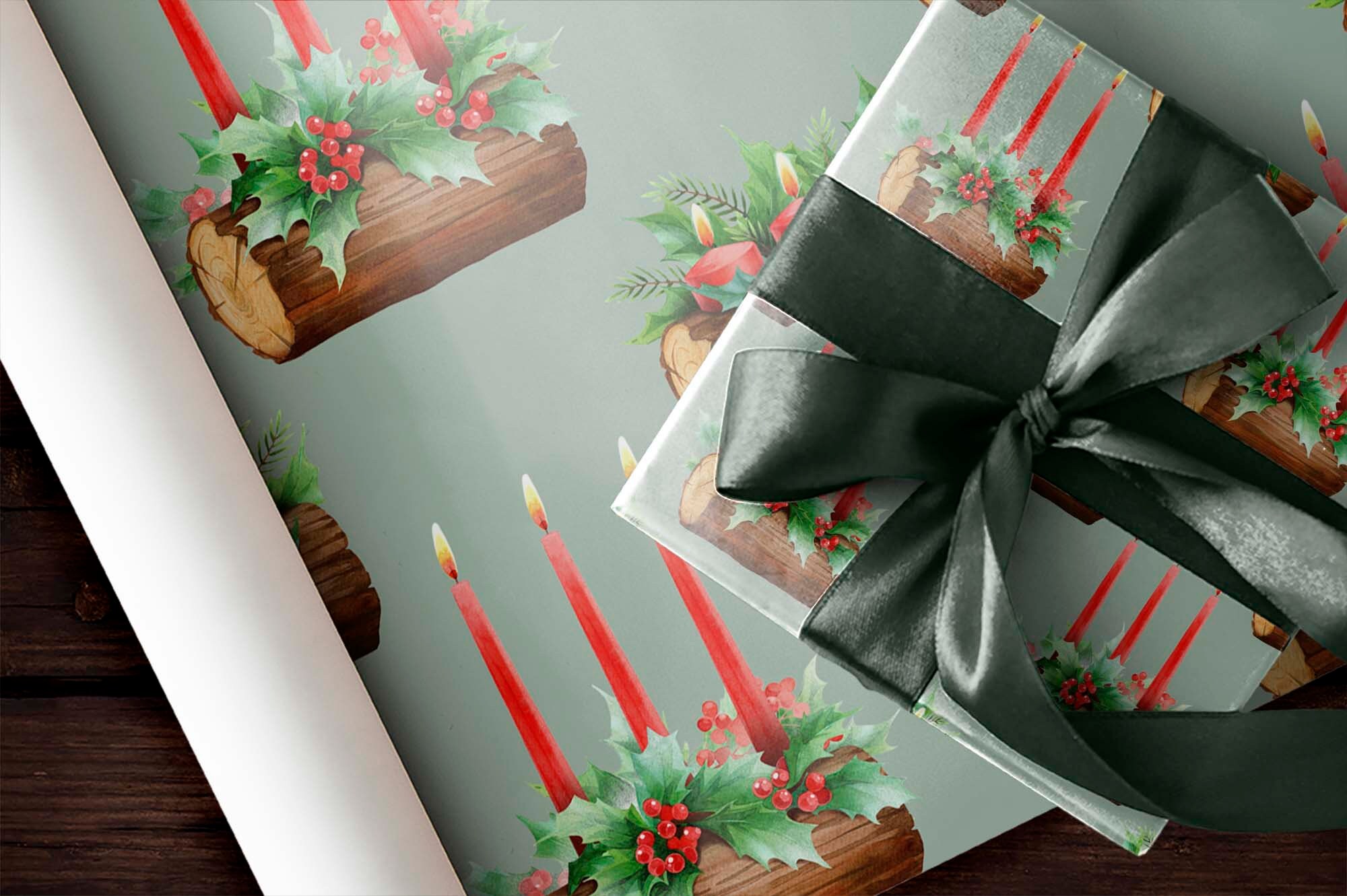 Beautiful Watercolor Yule Log Gift Wrap, Yuletide Wrapping Paper Roll ...