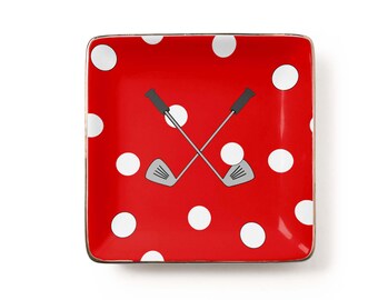 Polka Dot Golf Jewelry Dish: Red and White Ceramic Tray (3.9 x 3.9 inch)