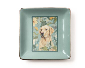 Floral Yellow Lab Jewelry Dish: Labrador Retriever Ceramic Trinket Tray, Botanical Dog Lover Gift (3.9 x 3.9 inch)