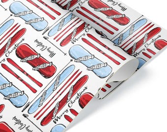 Apres Ski Christmas Skiing Wrapping Paper: Snowboard Holiday Gift Wrap, Satin Sheet or Roll up to 60 ft, Printed in the USA