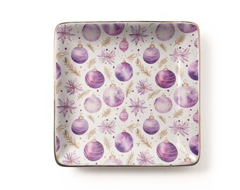 Purple Watercolor Christmas Ornaments Jewelry Dish: Lavender Plum Ceramic Trinket Tray, Holiday Vanity Decor (3.9 x 3.9 inch)