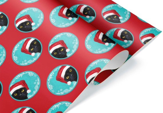 Funny Black Cat Christmas Wrapping Paper, Santa Hat Kitten Gift Wrap, Kitty Holiday X-Mas Present Decoration Decor (One 20 Inch X 30 Inch Sheet - View #5