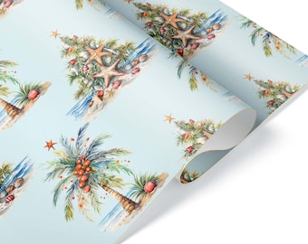 Xmas Palm Tree Christmas Tree Luxury Gift Wrap, Coastal Thick Wrapping Paper, Tropical Beach Enthusiast Decor