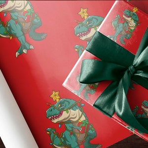 Fierce T-Rex Dinosaur Wrapping Paper Sheet Red Gift Wrap Roll Christmas Present Birthday Stocking Stuffer Party Decorations for Kids