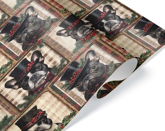 Funny French Bulldog Vintage Christmas Wrapping Paper, Frenchie Dog Owner Art Gift Wrap, Retro Tartan Plaid Holiday Design for Pet Lovers