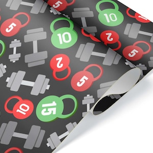 Simple Dumbbell and Kettlebell Gift Wrap, Powerlifter Christmas Present, Thick Wrapping Paper, For Fitness Lover Gym Rat Weightlifting