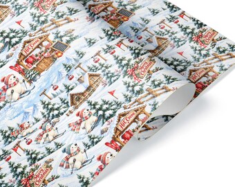 Può includere: Carta da regalo con una scena invernale che ritrae orsi polari bianchi sugli sci, baite in legno e chioschi di cioccolata calda. Il motivo include funivie rosse, pini verdi e insegne con la scritta Hot Cocoa e Merry Christmas.