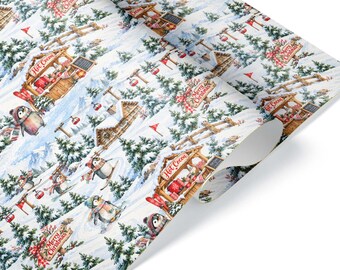 Può includere: Carta da regalo con un motivo invernale ripetuto di montagne innevate, alberi sempreverdi, baite in legno, cabinovie rosse e pinguini con sciarpe. Il design include chioschi di cioccolata calda e insegne con la scritta Merry Christmas.