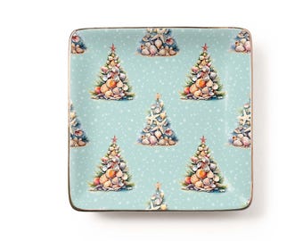 Seashell Christmas Trees Jewelry Dish: Coastal Ceramic Tray (3.9 x 3.9 inch)
