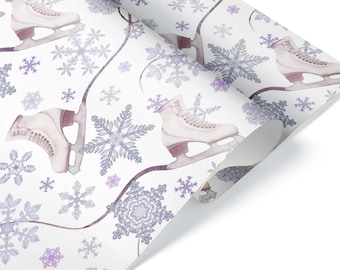 May include: White wrapping paper with a repeating pattern of ice skates and snowflakes. The ice skates are white with pink accents and the snowflakes are blue and purple.