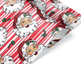 Red and White Stripped Christmas Wrapping Paper, Santa Claus Gift Wrap, Xmas Santa Lover