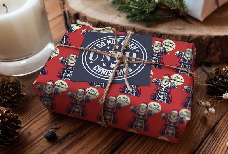 Santa Claus Gift Wrap, Gift for Bikers, Motorcycle Christmas Wrapping