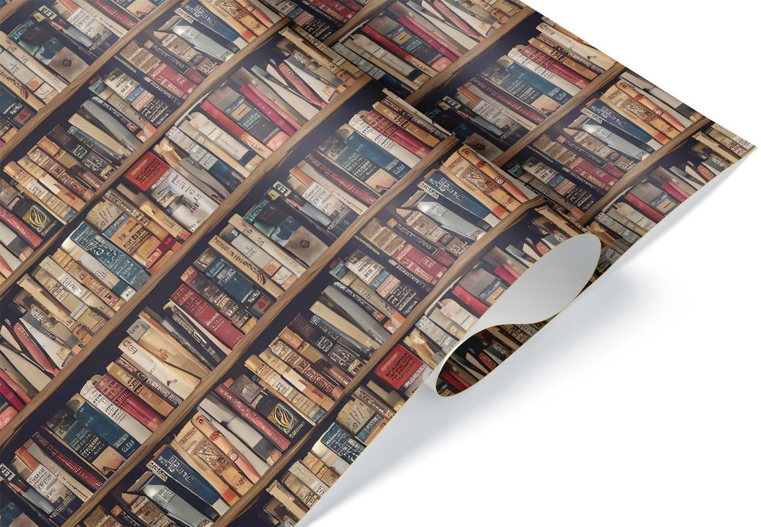 Vintage Bookshelf Gift Wrap, Thick Wrapping Paper, Retirement Book