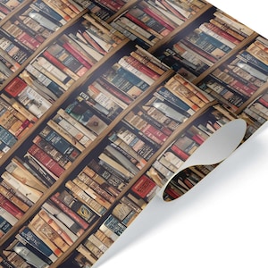 Vintage Bookshelf Gift Wrap, Thick Wrapping Paper, Retirement Book Present, Reading Enthusiast Theme Party Decoration