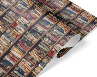 Vintage Bookshelf Gift Wrap, Thick Wrapping Paper, Retirement Book Present, Reading Enthusiast Theme Party Decoration
