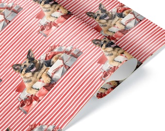 Watercolor Stripe German Shepherd Present Wrapping Paper, Christmas Dog Lover Gift Wrap for Pet Owners, Holiday Winter