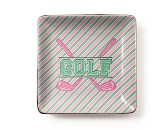 Crossed Clubs Golf Jewelry Dish: Preppy Varsity Pink Green Striped Ceramic Tray (3.9 x 3.9 inch)