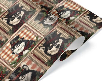 Funny Vintage Christmas Husky Malamute Dog Owner Art Wrapping Paper, Retro Plaid Pet Lover Gift Wrap, Cute Winter Design