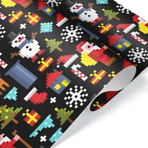 May include: Pixelated Christmas-themed wrapping paper with a black background. The design features pixel art of Santa Claus, snowmen, snowflakes, presents, houses, and candy canes in red, yellow, white, and blue.