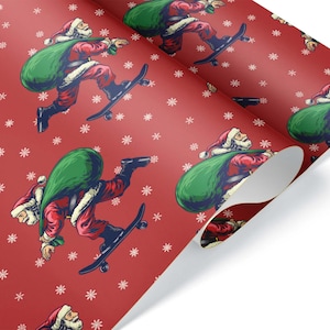 May include: Red wrapping paper with a repeating pattern of Santa Claus riding a skateboard and carrying a green bag. The background is a red color with white snowflakes.