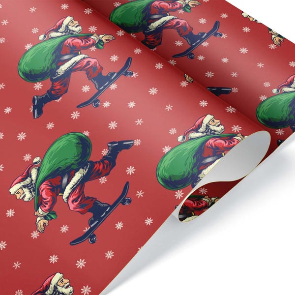 Rad Skateboarding Santa Wrapping Paper, Skater Gift Wrap, Christmas Xmas Decor for Teenager