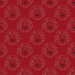 May include: A repeating pattern of dog faces with curly fur and black noses on a red background. The dog faces are outlined in a light beige color.